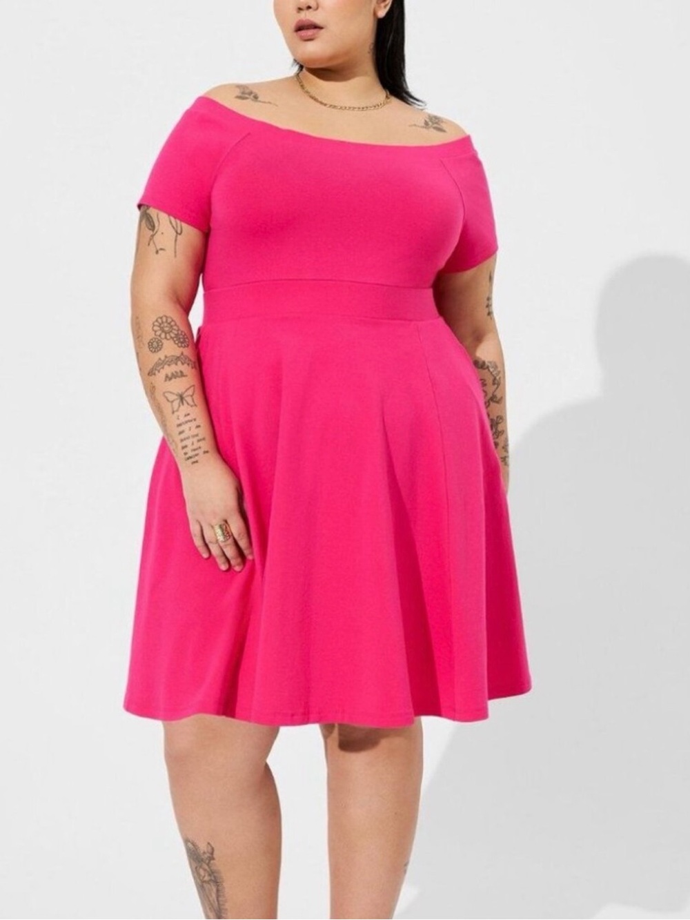 torrid off the shoulder Hot Pink Fit-and-Flare Mini Dress